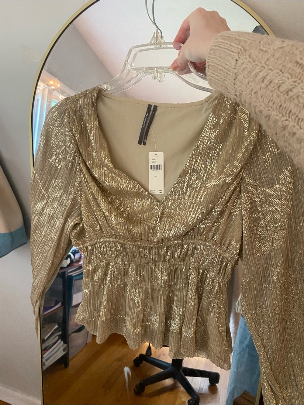 Anthropologie Shimmery Gold V-Neck Peplum Blouse